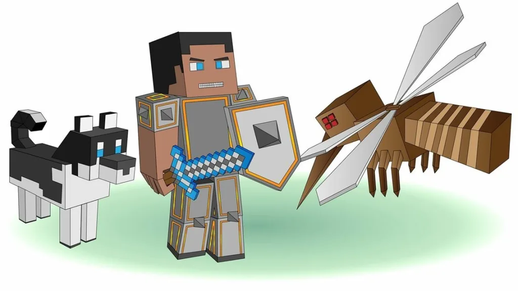 Imagine desenata digital cu un omulet din Minecraft care isi apara catelul de tantari